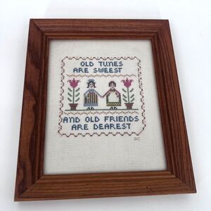 VTG Wood Framed Completed Needlepoint Cross Stitch Art Friends Gift